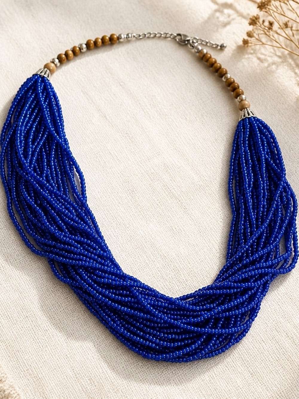 India Rose Multi-Strand Royal Blue Seed Bead Statement Necklace